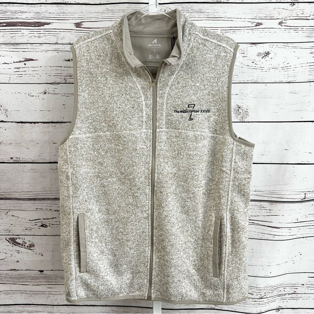 Antigua Tan Knit Full Zip Vest Embroidered Detail Large NWT